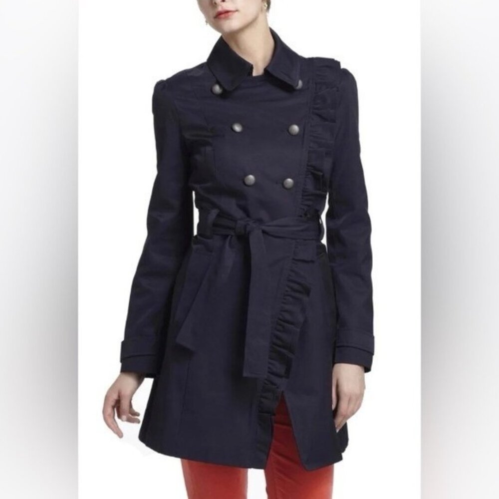 Elevenses Navy Ruffle Double Breasted Belted Mid Length Trench Coat - Picture 15 of 15